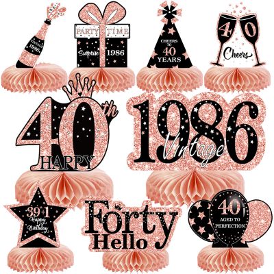 9Pcs 40th Birthday Decorations Honeycomb Centerpieces for Women, Rose Gold Pink Happy 40th Birthday Centerpieces Tables Toppers Party Decorations Supplies, Vintage 1986 Aged Table Sign Decor