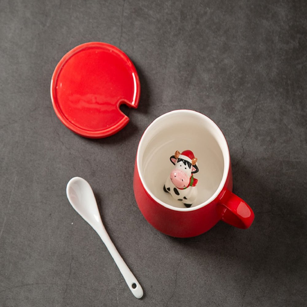 DECRZPB Handmade Ceramic Coffee Mug Cow In Red Cup 3D Cartoon Three-Dimensional Animals Tea Cup Pottery Coffee Cup Mug Gift for Office and Home