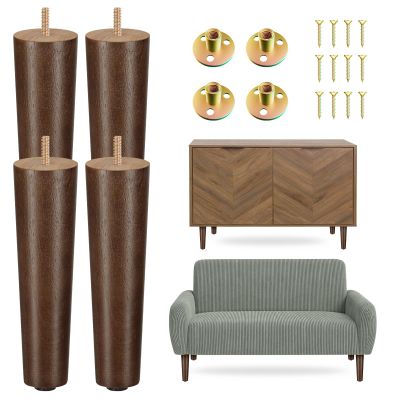 Yes4All 8 Inches Round Wood Furniture Legs Set of 4 - Wooden Replacement Feet for Couch, Bed, Bench - Adjustable Sofa, Ottomans Tapered Leg with Leveler - Brown Rubber Wood Parts for Table, Chair