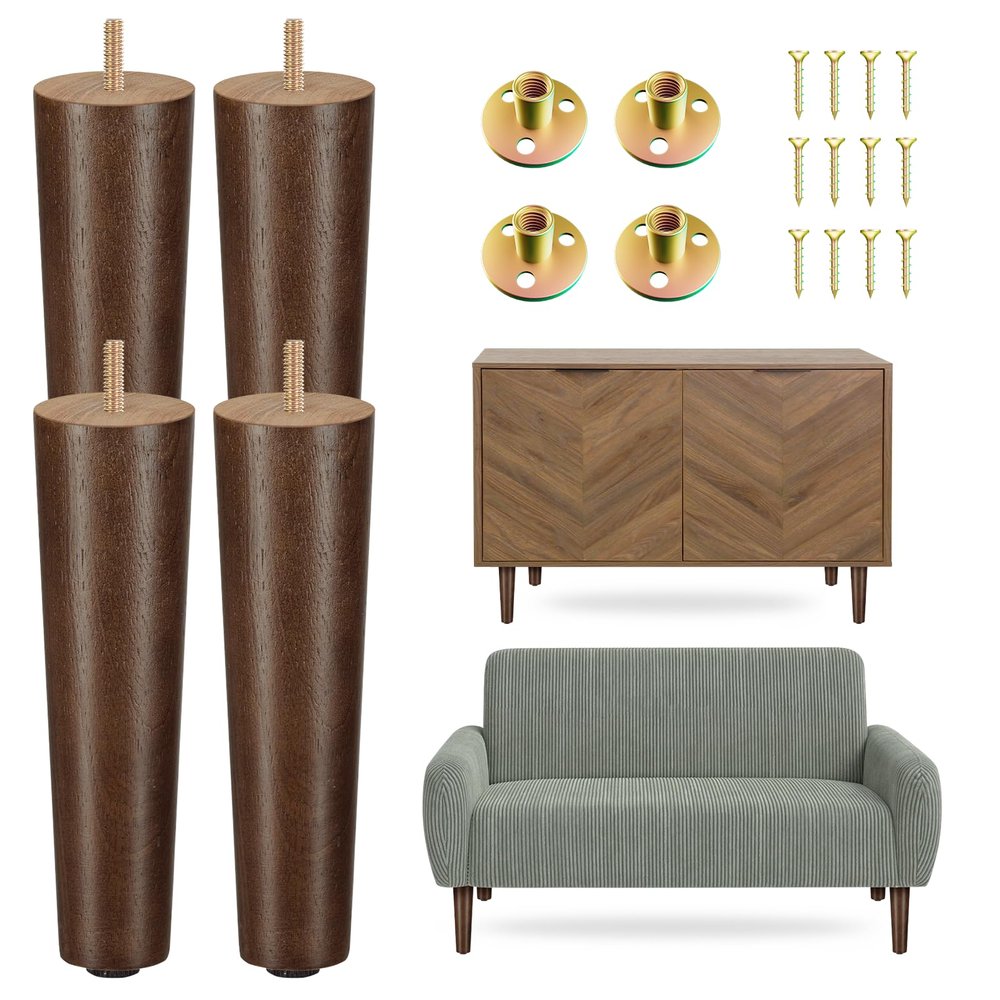 Yes4All 8 Inches Round Wood Furniture Legs Set of 4 - Wooden Replacement Feet for Couch, Bed, Bench - Adjustable Sofa, Ottomans Tapered Leg with Leveler - Brown Rubber Wood Parts for Table, Chair