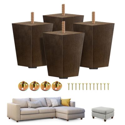Yes4All 4-Inch Square Wooden Furniture Legs Set of 4, Brown Mid-Century Modern Feet for Sofa, Ottoman, Bench, Dresser, and Table Risers with Adjustable Levelers for Stability and Floor Protection