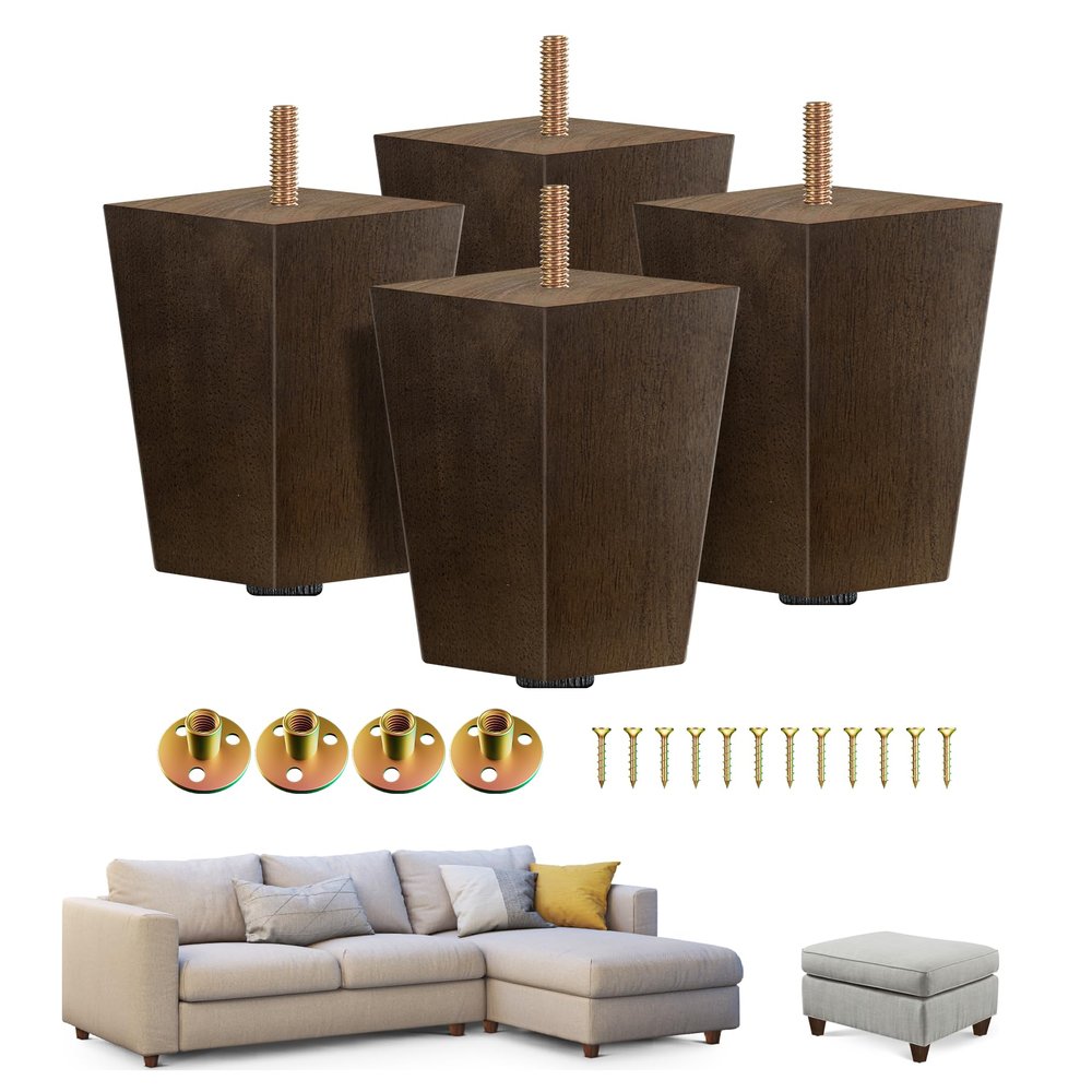 Yes4All 4-Inch Square Wooden Furniture Legs Set of 4, Brown Mid-Century Modern Feet for Sofa, Ottoman, Bench, Dresser, and Table Risers with Adjustable Levelers for Stability and Floor Protection