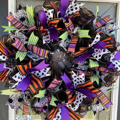FUN Black Purple Orange Green Halloween Fall Front Door Mesh Wreath, Patio Porch Wall Decor, Unique Gift Idea, Housewarming Birthday, Outdoor