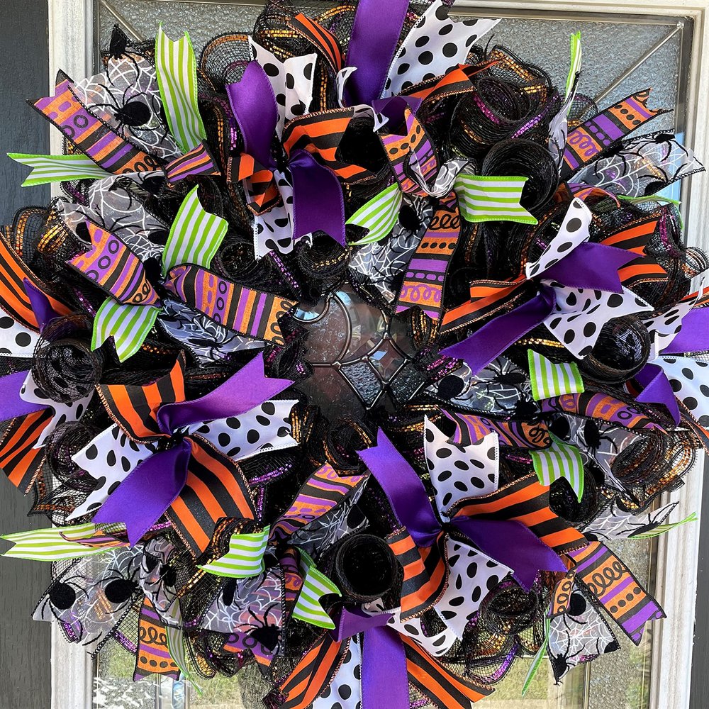 FUN Black Purple Orange Green Halloween Fall Front Door Mesh Wreath, Patio Porch Wall Decor, Unique Gift Idea, Housewarming Birthday, Outdoor