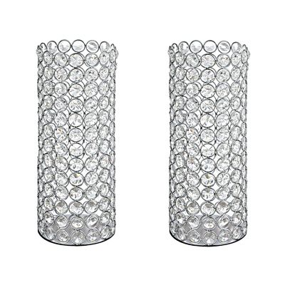 2 Pcs Crystal Metal Pillar Candle Holder, 10.4" Vintage Hurricane Candle Holder Decorative Cylinder Vases Great Centerpieces for Home Decor Wedding Parties Events