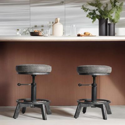 BOKKOLIK Vintage Short Bar Stools Swivel PU Seat 15-21inch Height Adjustable Extra Guest Chair Kitchen Island Counter Stool(Set of 2)