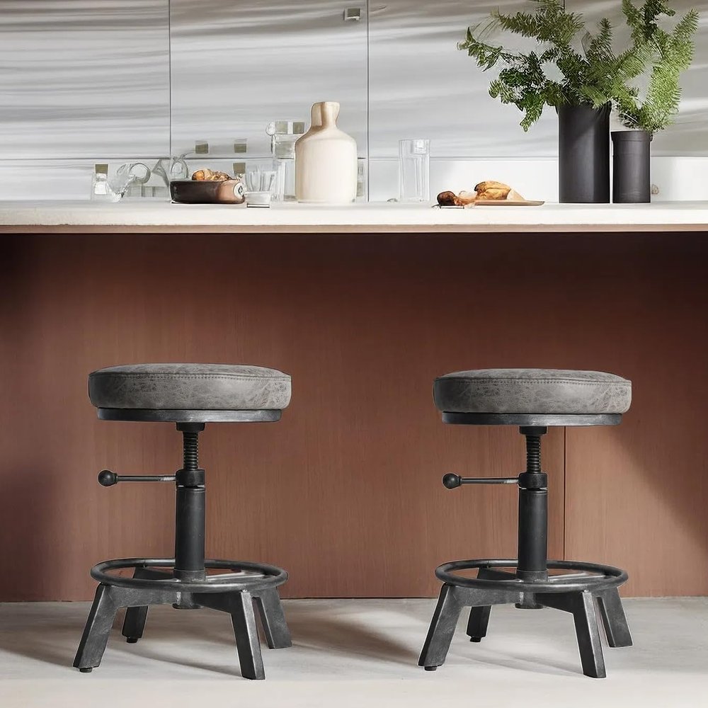BOKKOLIK Vintage Short Bar Stools Swivel PU Seat 15-21inch Height Adjustable Extra Guest Chair Kitchen Island Counter Stool(Set of 2)
