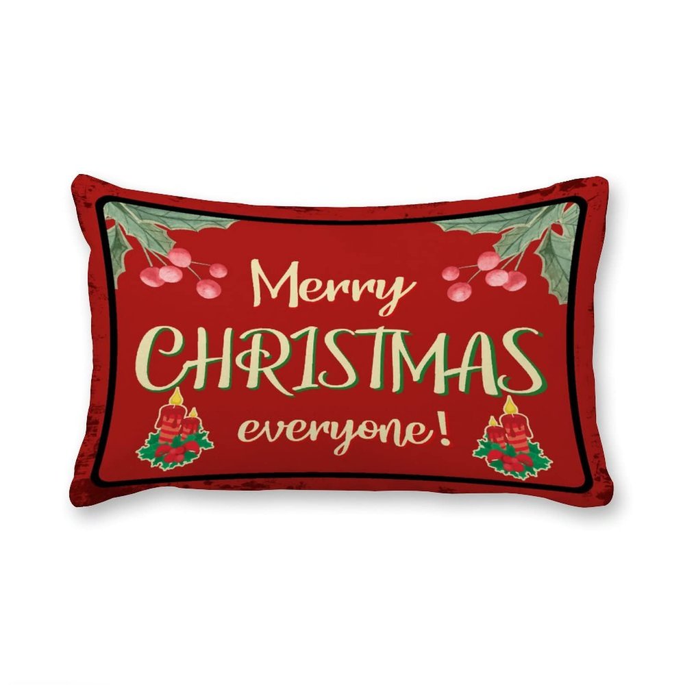 Tiukiu Candy Cane Ornament Wreath Decorative Lumbar Throw Pillow Covers Cases Red Merry Christmas Everyone Bells Xmas Gift Poinsettia Socks Cushion Covers 12"x18" for Couch Sofa Bedroom Car