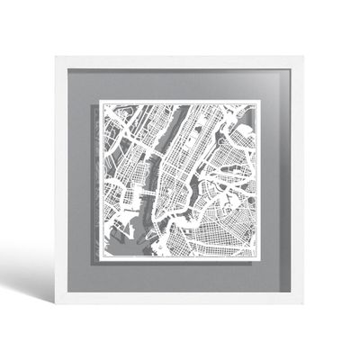 O3 Design Studio New York Cut Map framed, White map, White frame, 9x9 inches, paper cutting art work, Gift Boxed, 4 background color, self-changing, Wall Art
