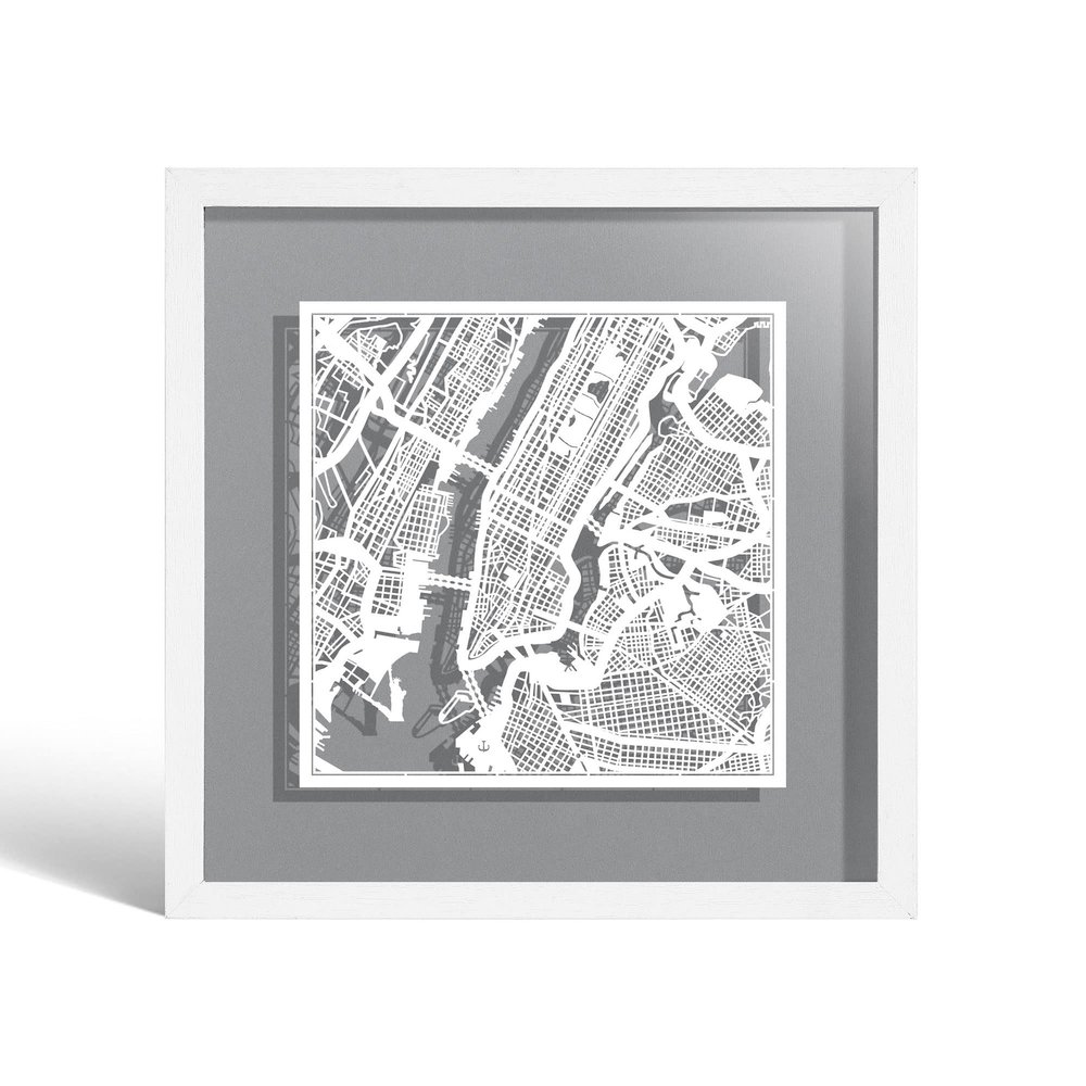O3 Design Studio New York Cut Map framed, White map, White frame, 9x9 inches, paper cutting art work, Gift Boxed, 4 background color, self-changing, Wall Art