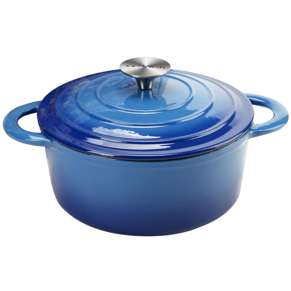 5 QT Cast Iron Dutch Oven with Lid, Heavy Duty Enameled Soup Pot with Dual Handles and Oven Safe for Bread Baking, Braising, Cooking and Family Gifts, Blue