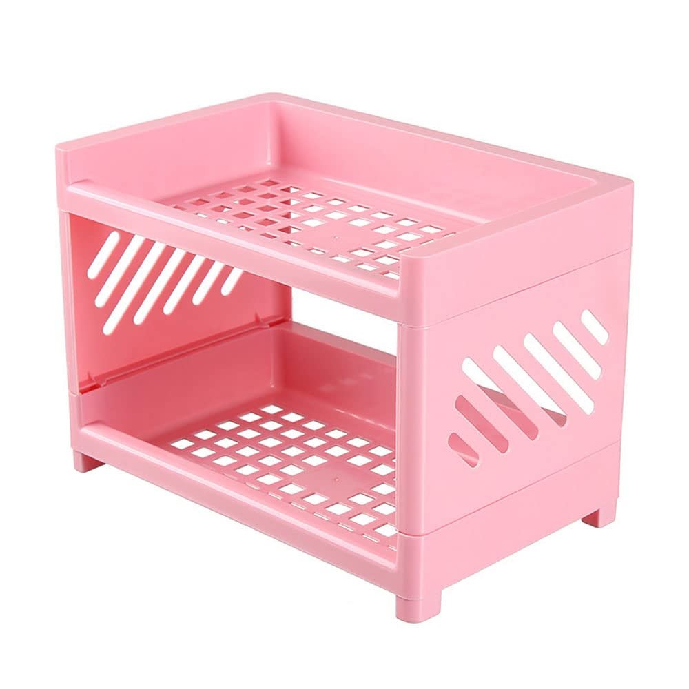 Jaugufiy 2 Tier Plastic Countertop Shelf Organizer Storage Rack, Multifunction Pantry Storage Organizer Kitchen Spice Rack Bathroom Shelf Organizer Tabletop Shelf Organizer (Pink)