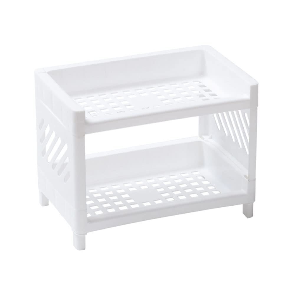 Jaugufiy 2 Tier Plastic Countertop Shelf Organizer Storage Rack, Multifunction Pantry Storage Organizer Kitchen Spice Rack Bathroom Tabletop Shelf Organizer (White)