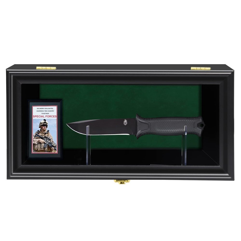 COMSREV Knife Display Case Single Knife Shadow Box Wall Mount Cabinet with UV Protection Acrylic Lockable Adjustable Stand 15.4x7.5x4.6 Inches