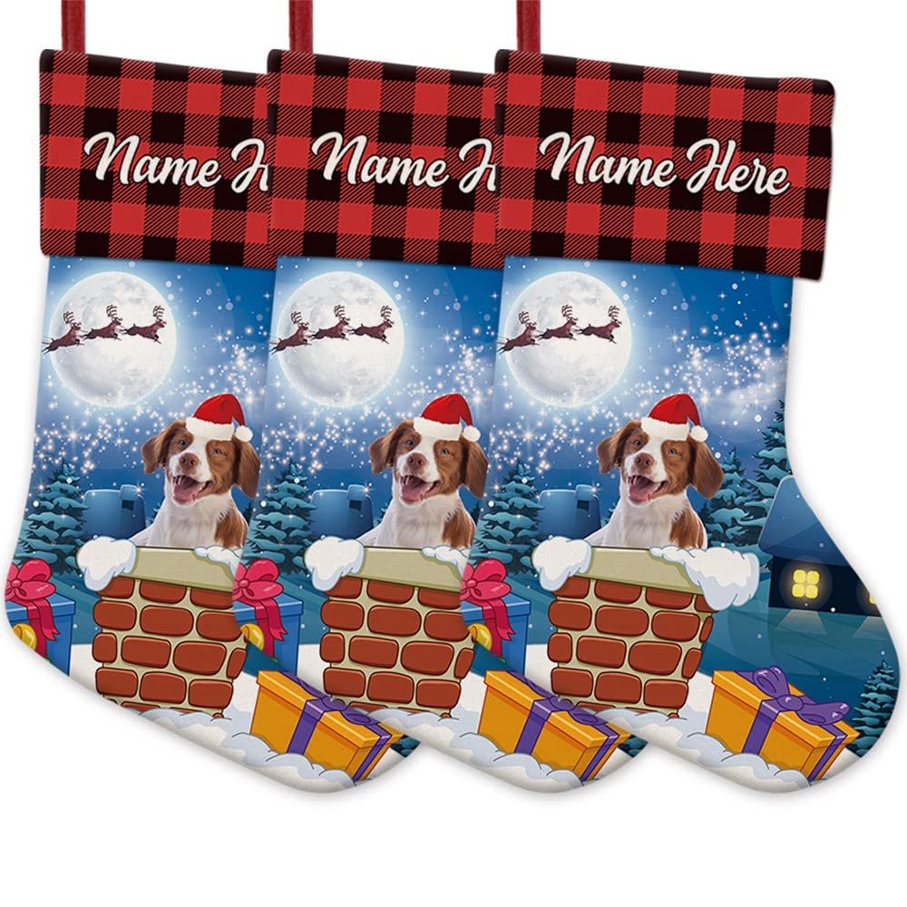 MALIHONG Personalized Dog Christmas Stocking 3 Pack Stockings Brittany Spaniel Dog Fireplace Hanging Stockings Children's Candy Gift Bag Indoor Family Holiday Xmas Party Christmas Decor 14.4"