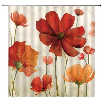 ABONAN Red Floral Shower Curtain Vintage Poppy Flower Shabby Chic Poppies Oil Painting Plant Fabric Bathroom Curtains Decor Set with Hook (67" Wx70 H)