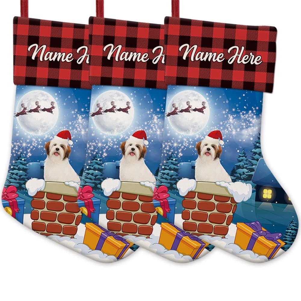 MALIHONG Personalized Dog Christmas Stocking 3 Pack Stockings Lhasa Apso Dog Fireplace Hanging Stockings Children's Candy Gift Bag Indoor Family Holiday Xmas Party Christmas Decor 14.4"