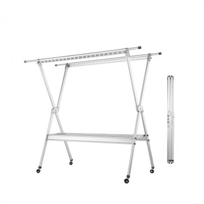 UNNS Foldable Drying Rack Stainless Steel Folding Hanger Telescopic Clothes Rod Double Rod Clothes Rack Aluminum Alloy Floor Drying Rack with Casters Clothes Drying Rack (Color : B)