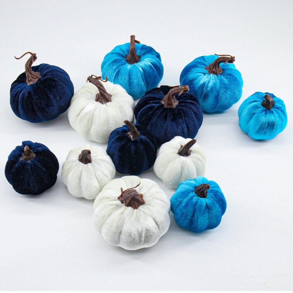 12 Pcs Artificial Pumpkin Velvet Harvest Thanksgiving Fake Pumpkin Decorations, Foam Plastic Fake Faux Artificial Pumpkins for Halloween Fall Harvest Festival Home Table Decor (Blue)