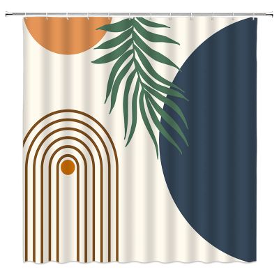 ABONAN Mid Century Abstract Shower Curtain Boho Arch Sun Leaves Beige Modern Line Art Minimalistic Fabric Bathroom Curtains Decor Set with Hook (67" Wx70 H)