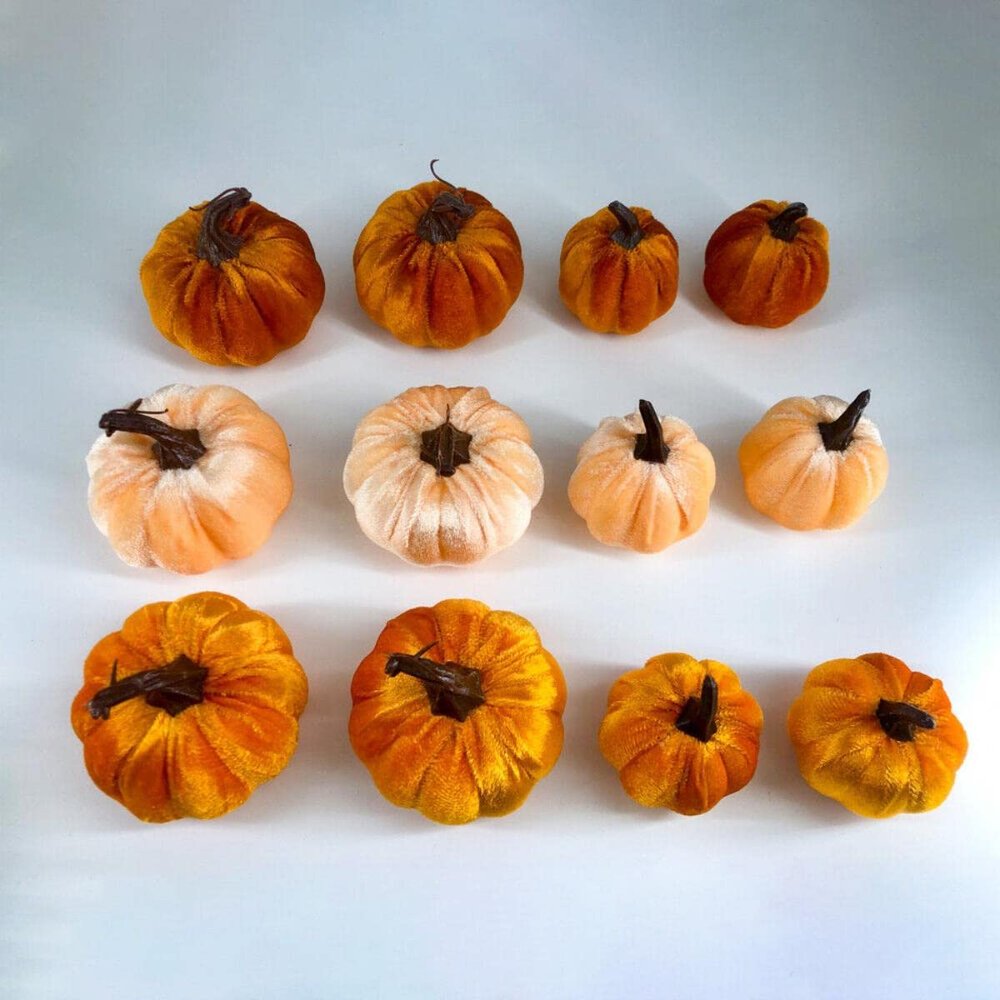 12 Pcs Artificial Pumpkin Velvet Harvest Thanksgiving Fake Pumpkin Decorations, Foam Plastic Fake Faux Artificial Pumpkins for Halloween Fall Harvest Festival Home Table Decor (Orange)