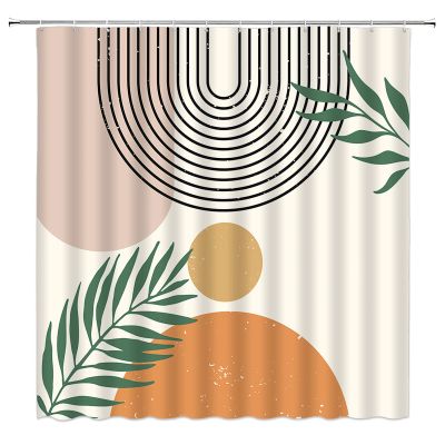 ABONAN Mid Century Abstract Shower Curtain Boho Arch Sun Leaves Beige Modern Line Art Minimalistic Fabric Bathroom Curtains Decor Set with Hook (67" Wx70 H)