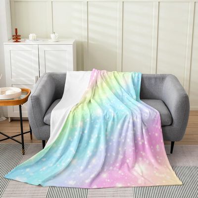 Erosebridal Rainbow Throw Blanket for Kids Girls Teens Women,Tie Dye Pastel Fleece Blanket Baby 30x40 inch,Golden Stars Glitter Plush Blanket,Watercolor Art Girly Flannel Blanket Bedroom Decor