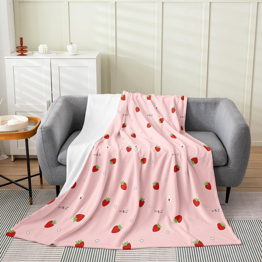 Girls Strawberry Blanket Queen,Kawaii Strawberry Throw Blanket for Kids,Japanese Style Pink Cute Cartoon Fruit Food Theme Fleece Blanket,Girly White Floral Flannel Blanket Sofa Bed Couch Decor