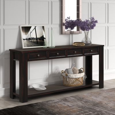 63'' Retro Console Table Sofa Table with 4 Drawers, Narrow Long Entryway Table Accent Table with Bottom Shelf for Living Room Hallway Entryway (Black)