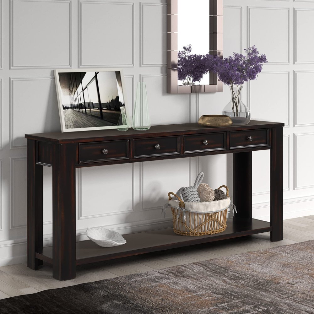 63'' Retro Console Table Sofa Table with 4 Drawers, Narrow Long Entryway Table Accent Table with Bottom Shelf for Living Room Hallway Entryway (Black)