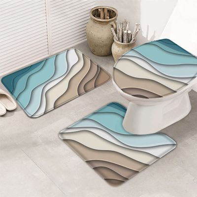 LEOSUCRE Bath Mat 3 Piece Bathroom Rug Sets, Ombre Teal and Brown Non Slip Bath Rug Contour Mat and Toilet Lid Cover, Absorbent Shower Mats Soft Bath Rug and Mat Sets Abstract Waves Large