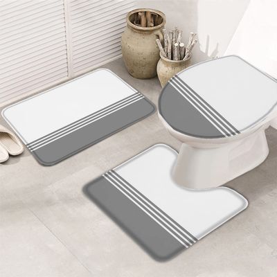 Bath Mat 3 Piece Bathroom Rug Sets, Farmhouse Gray Stripes Non Slip Bath Rug Contour Mat and Toilet Lid Cover, Absorbent Shower Mats Soft Bath Rug and Mat Sets Modern Abstract Minimalism Small