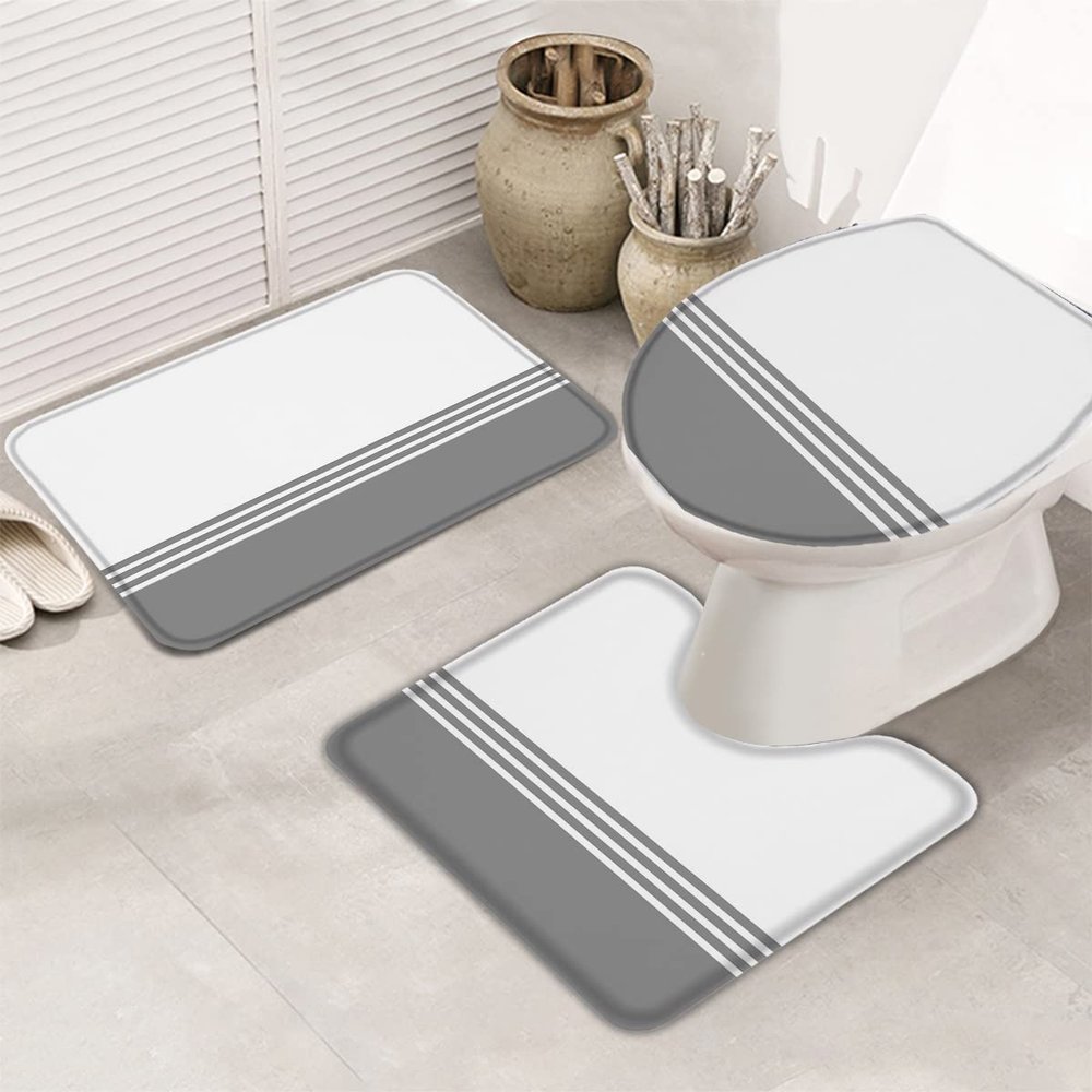 Bath Mat 3 Piece Bathroom Rug Sets, Farmhouse Gray Stripes Non Slip Bath Rug Contour Mat and Toilet Lid Cover, Absorbent Shower Mats Soft Bath Rug and Mat Sets Modern Abstract Minimalism Small