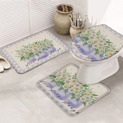 Bath Mat 3 Piece Bathroom Rug Sets, Farm Daisy Non Slip Bath Rug Contour Mat and Toilet Lid Cover, Absorbent Shower Mats Soft Bath Rug and Mat Sets Purple Buffalo Plaid Vintage Backdrop Small