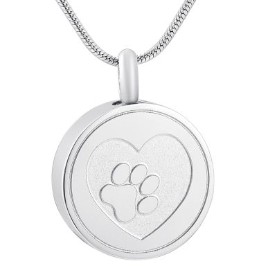 SHEIL Pet Urn Necklace with Dog Paw Print Heart Keepsake Jewelry Round Shape Stainless Steel Cremation Urn Pendant- Engravable,1