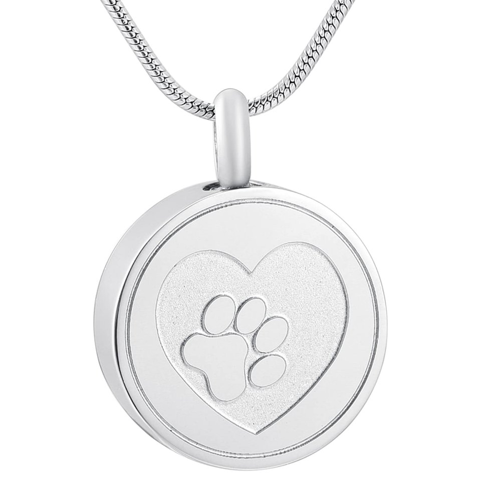 SHEIL Pet Urn Necklace with Dog Paw Print Heart Keepsake Jewelry Round Shape Stainless Steel Cremation Urn Pendant- Engravable,1