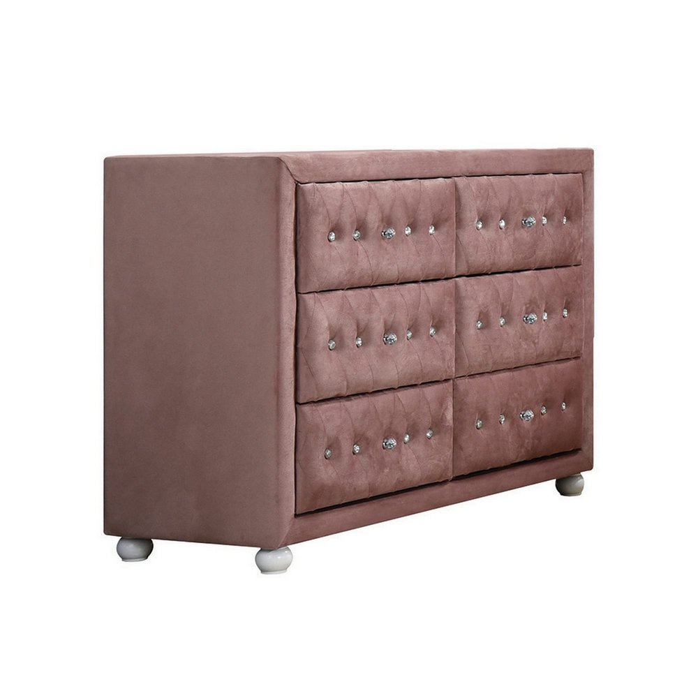 Benjara Rex 40 Inch Modern Upholstered Dresser, 6 Drawers, Crystal Handles, Pink