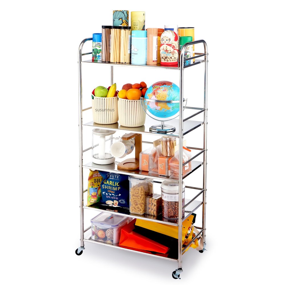 susunnus Stainless Steel Cart with Wheels 5 Tier,Stainless Steel Kitchen Cart,Utility Cart,Metal Cart with Wheels,Suitable for Various Occasions,Movable,Gift Tools