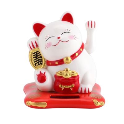 Beufee Lucky Cat Waving Arm, Chinese Lucky Cat, Solar Powered Lucky Money Cat Mini Happy Cat with Waving Arm Beckoning Cat Figurine Decoration for Car Home Office(White)