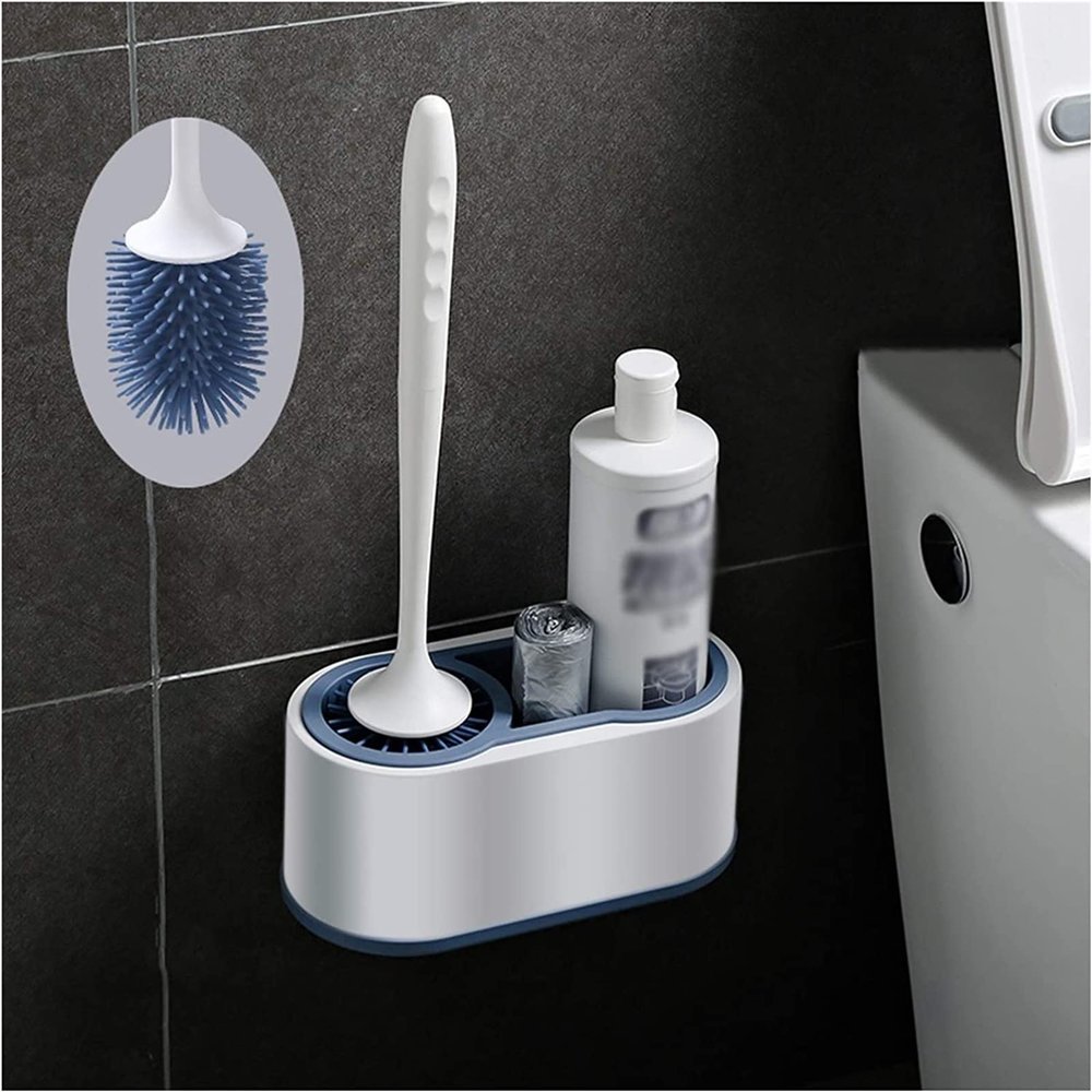 YQBUER Toilet Brush and Holder Toilet Bowl Brush Wall-Mounted Set Household Bathroom Wall-Mounted All-Round Cleaning Silicone Toilet Brush Rack Toilet Brush Deep Cleaning Every Corner (Color : B)