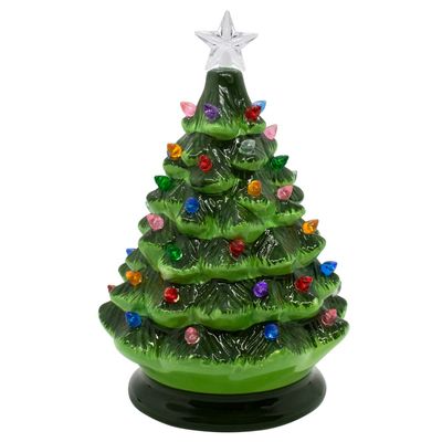 Festive Christmas Tree with Colorful Lights | Vintage-Inspired Ceramic Green Pine with Lights and Star | Cheerful Holiday Decoration | Twinkle or Steady Nightlight