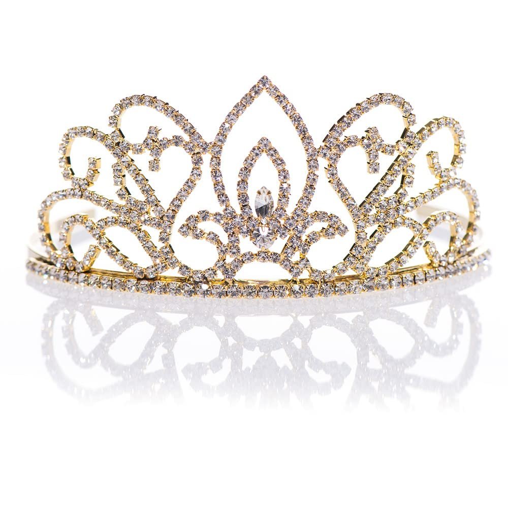 Andersons Adela Tiara, 2.25" gold rhinestone crown for Prom Queen, pageants, weddings, quinceaeras, birthdays, Sweet 16, homecoming, school dances, costumes, parties, and events
