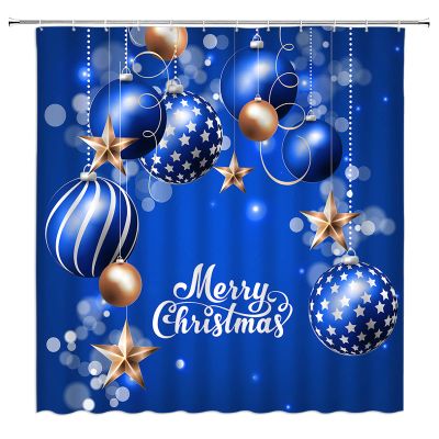 ABONAN Merry Christmas Shower Curtain Blue Christmas Balls Snowflake Winter Holiday Happy New Year Dream Xmas Ball Fabric Bathroom Curtains Decor Set with Hook(67" Wx70 H)