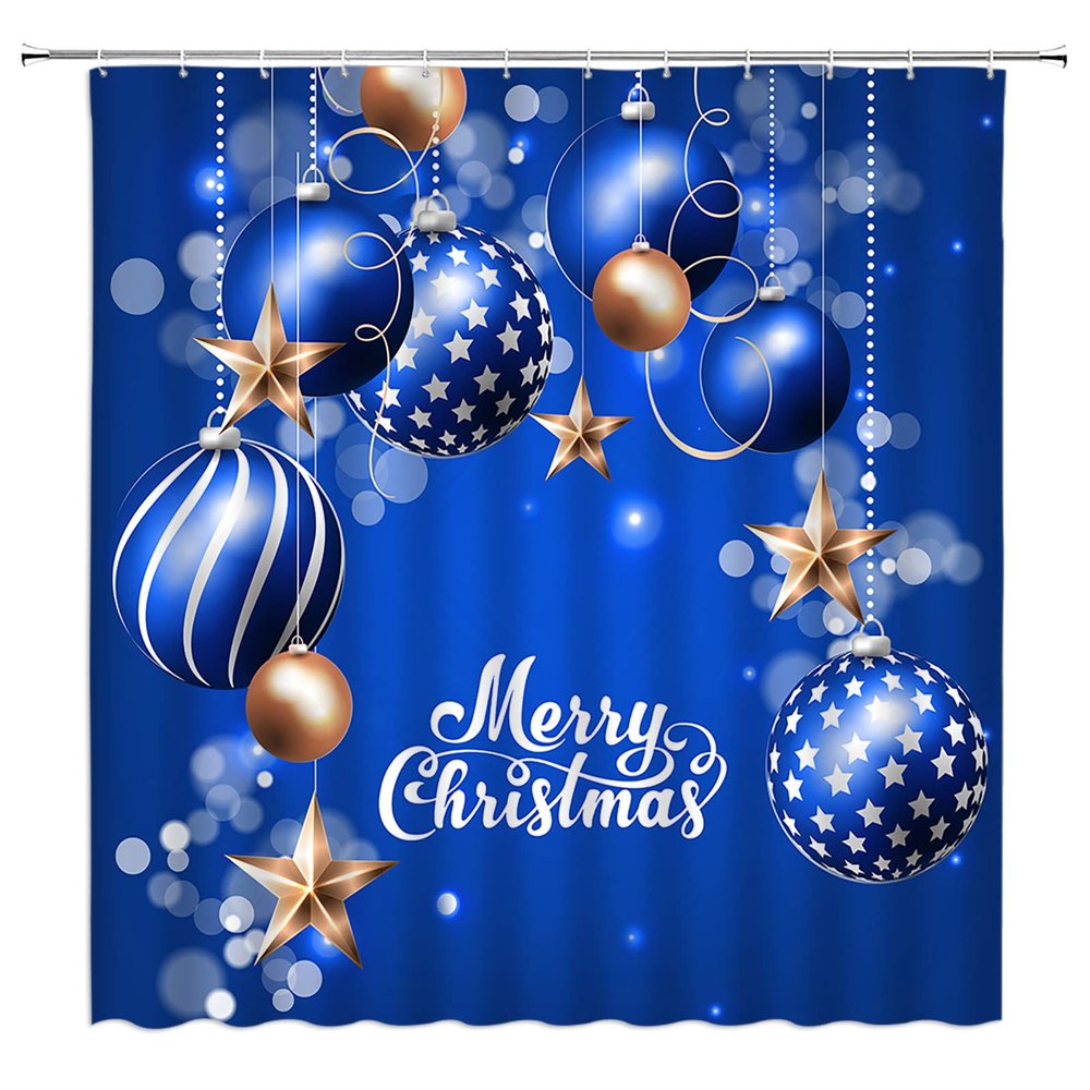 ABONAN Merry Christmas Shower Curtain Blue Christmas Balls Snowflake Winter Holiday Happy New Year Dream Xmas Ball Fabric Bathroom Curtains Decor Set with Hook(67" Wx70 H)