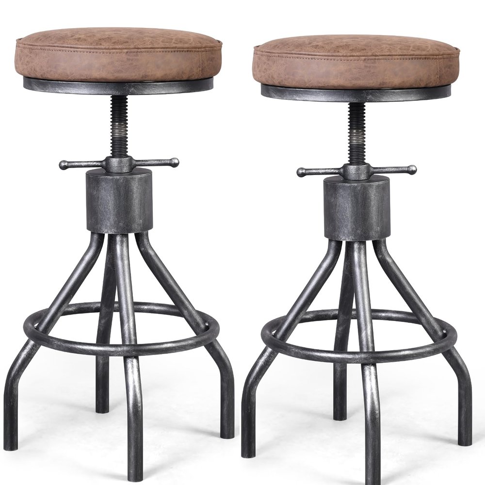 BOKKOLIK Industrial Bar Stools Swivel Pu Seat Vintage Kitchen Island Counter Stool 23-33inch Height Adjustable Rustic Shop Chair (Set of 2)