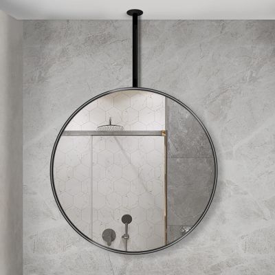 DMCHENGMA Ceiling Decorative Glass Mirrors Round Hanging Wall Mirror, Black Metal Frame Mirror with Boom(Boom can be Customized), for Bathroom Living Room Hallway Floating Mirrors