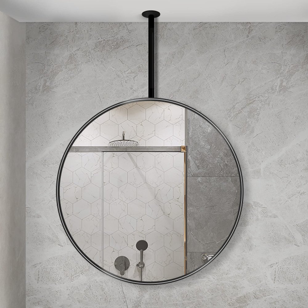 DMCHENGMA Ceiling Decorative Glass Mirrors Round Hanging Wall Mirror, Black Metal Frame Mirror with Boom(Boom can be Customized), for Bathroom Living Room Hallway Floating Mirrors