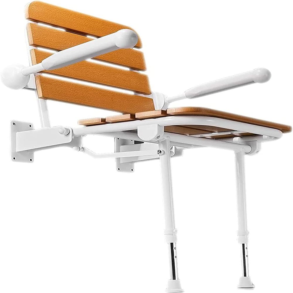 Wall-Mounted Foldable Shower Seat Bathroom Stool Folding Wall Mounted Shower Seat with Adjustable Legs/Backrest and Padded Armrests for Home, Bathroom