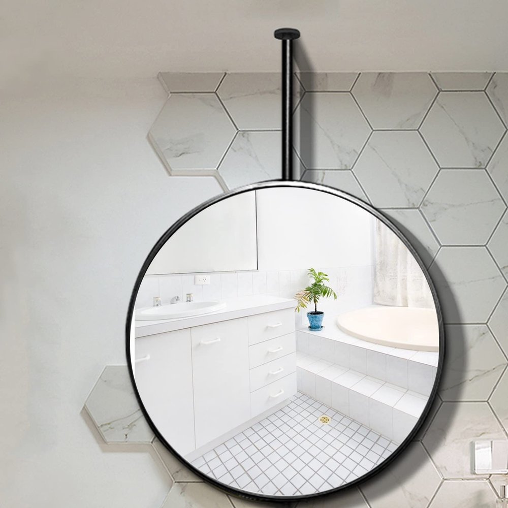 Ceiling Hanging Floating Bathroom Mirror, Round Metal Frame and Ceiling Mounted Boom (Boom can be customized) for Bath Living Room Bedroom Suspended Horizontal Mirror ( Size : Diameter-60CM/23.6INCH )