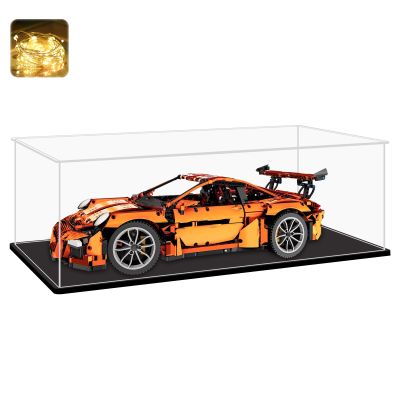 LANSCOERY Acrylic Display Case, Assemble Showcase Display Box for Collectibles, with Dustproof & Seamless Display Design, 24.3x12.6x7.7inch Black Base, Compatible with Lego 42083 42156 Figures